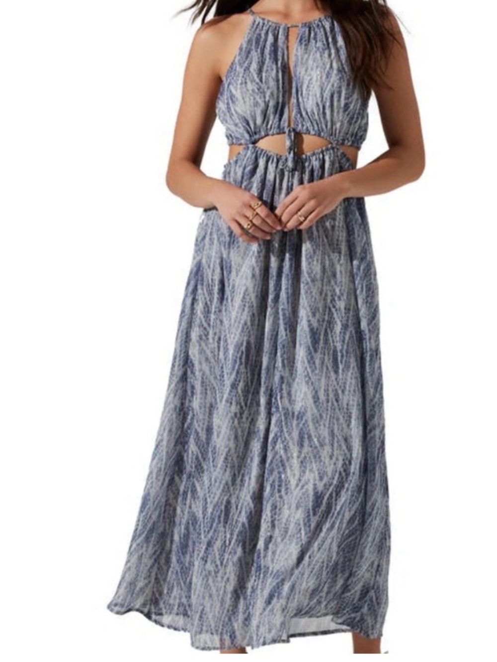 Astr Blue Patterned Cutout Halter Maxi Dress